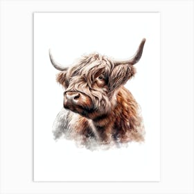 Adorable Highland Cow Watercolor Painting Portrait Art Print