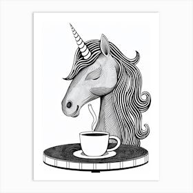 Unicorn Drinking Coffee Black & White Doodle Art Print