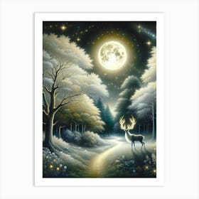 Reindeer In Magical Nighttime Forest AI Art Print