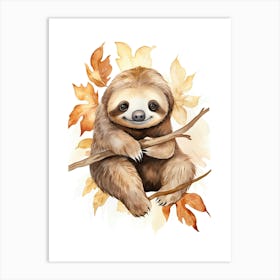 A Sloth Watercolour In Autumn Colours 0 Art Print