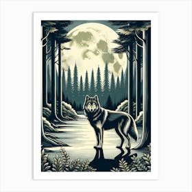 Wolf At Night Art Deco AI Art Print