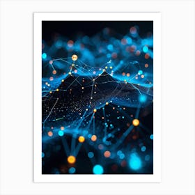 Abstract Net With Glowing Geometric Dots And Grid Waves Connecting Polygons In A Futuristic Infogra Art Print