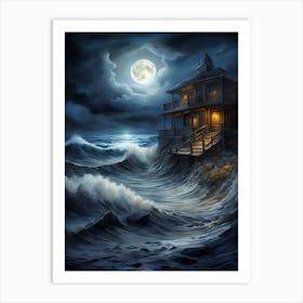 House On The Beach Waves Storm Art Print