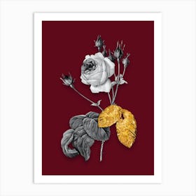 Vintage Cabbage Rose Black and White Gold Leaf Floral Art on Burgundy Red n.0343 Art Print