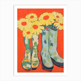 Painting Of Yellow Flowers And Cowboy Boots, Oil Style 7 Art Print
