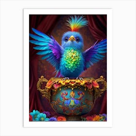 Iridescent Bird With Magic Eyes Ascending From A Baroque Style Paint Pot Overflowing With An Infinit Art Print