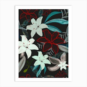 Jungle Warrior Exotic Lily Hand Painted Artistic Pattern Black Art Print