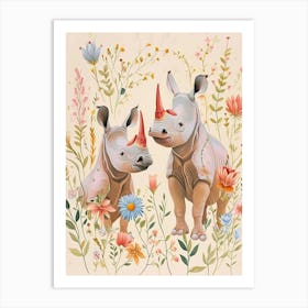 Folksy Floral Animal Drawing Rhino Art Print