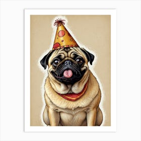 Pug Dog With Party Hat Art Print