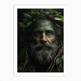 Weathered Man Face Adorned With Colored Leaves Brow Furrowed In Contemplation Eyes Of Deep Green Art Print