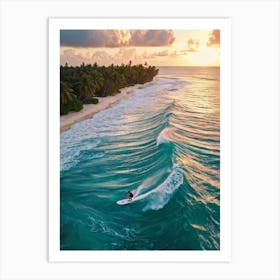 Capture An Aerial Perspective Of A Daring Surfer Confidently Riding The Islands Largest Wave On A S (6) Art Print