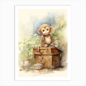 Monkey Painting Traveling Watercolour 4 Art Print