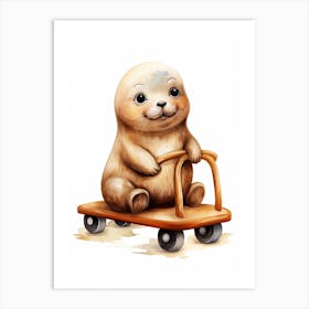 Baby Seal On A Toy Car, Watercolour Nursery 3 Art Print