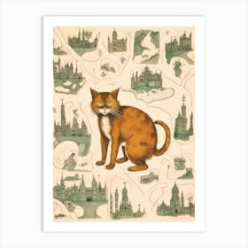 Medieval Map Of Castles & Ginger Cat Art Print