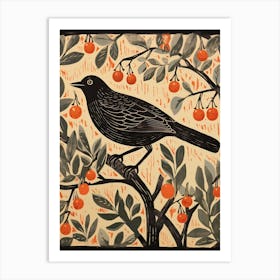 Vintage Bird Linocut Blackbird 2 Art Print