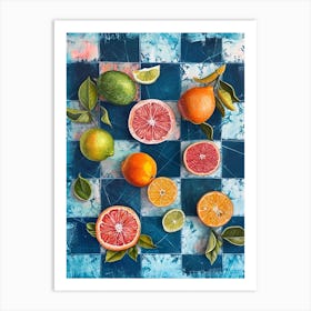 Citrus Fruit Blue Checkerboard 1 Art Print