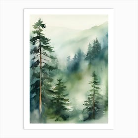 Appalachian Mountains of Misty Pines Watercolor Print of Evergreen Forest..124 Art Print