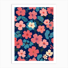 Pink Flowers On A Blue Background Art Print