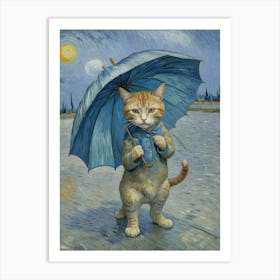 Cat With Umbrella Rainy Day Art Print