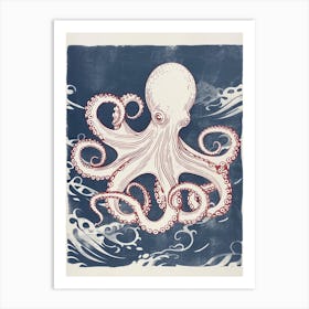 Red & Navy Blue Octopus In The Ocean Linocut Inspired 6 Art Print