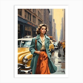 New York Middle 20th Century Walking Girl Retro Cars 4 Art Print