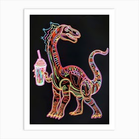 Neon Dinosaur Linework Drinking A Milkshake Art Print