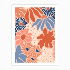 Floral Print in shades of orange and blue, warm palette Art Print