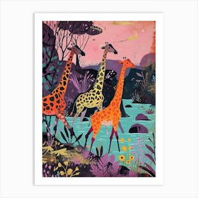 Cute Colourful Giraffes In The Water Art Print