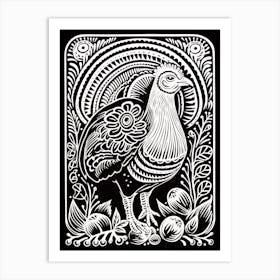 B&W Bird Linocut Turkey 2 Art Print