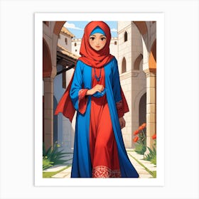 Girl In Blue Red Outfit Art Print