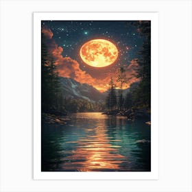 Full Moon Over Lake 8 Art Print