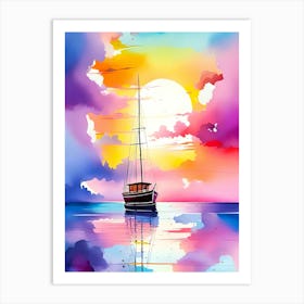 Sailboat In The Sea At Sunset Art Print