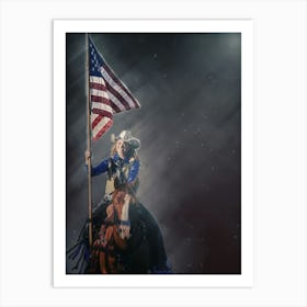 Woman Rides A Horse With An American Flag At Night Art Print