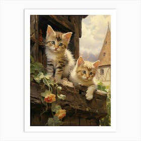 Cute Cats With A Medieval Cottage In The Background 2 Art Print