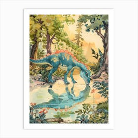 Dinosaur Drinking From A Watering Hole Watercolour Illustration 1 Art Print