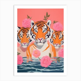 Three Tigers With Roses Art Print