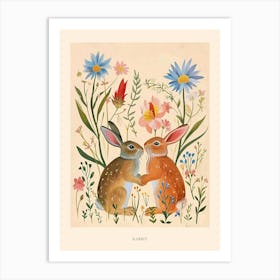 Folksy Floral Animal Drawing Rabbit 3 Poster Art Print