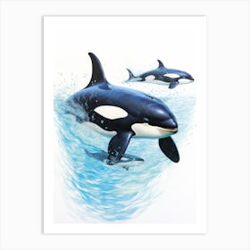 Blue Realistic Illustration Of Three Orca Whales Art Print