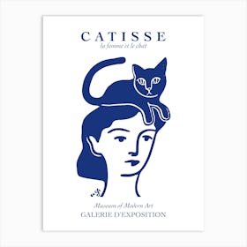 Matisse Catisse Woman With Cat Blue Fun Blue Line Art Face Art Print