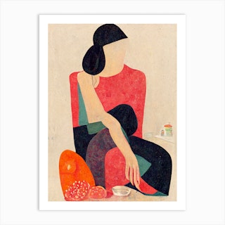 Girl Sitting In A Kitchen Art Print