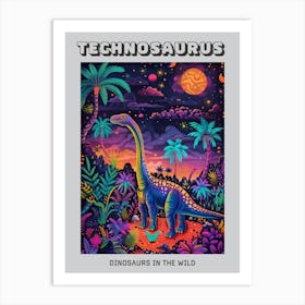 Abstract Neon Dinosaurs In Jurassic Landscape 1 Poster Art Print