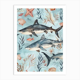 Pastel Blue Shark Watercolour Seascape Pattern 5 Art Print