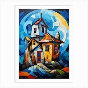 Fairytale House at Night 3, Abstract Vibrant Colorful Cubism Style Art Print