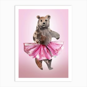 Bear In Tutu - watercolor artwork pink animal kids children nursery room vertical hand painted Art Print