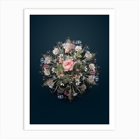Vintage Pink Rose Turbine Flower Wreath on Teal Blue n.0448 Art Print