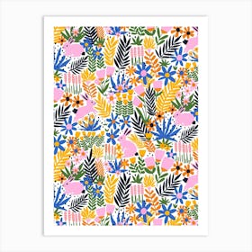 Rabbits Playing in Flower Garden Meadow Deep Colors Art Print