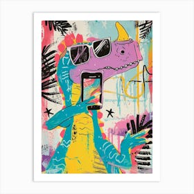 Dinosaur On The Phone Purple Graffiti Style 2 Art Print