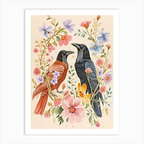 Folksy Floral Animal Drawing Raven Art Print