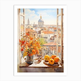 Window View Of Lisbon Portugal In Autumn Fall, Watercolour 3 Art Print