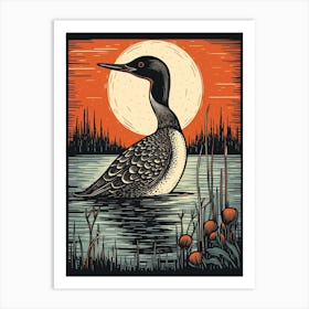 Vintage Bird Linocut Common Loon 4 Art Print